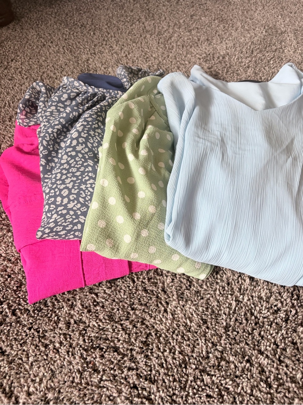 Lot of 4 Women’s Tops - Light Blue, Mint Green Polka Dot, Gray Print, Hot Pink